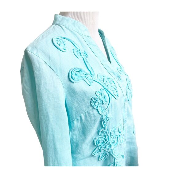Charter Club Women Teal 100% Linen Embroidered Button Down Casual Blouse 10P - Picture 5 of 9